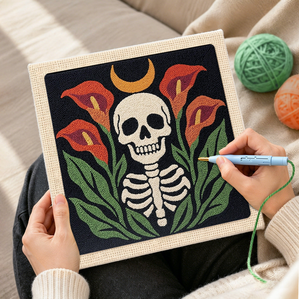 Creating handmade calla lily skull punch needle artwork