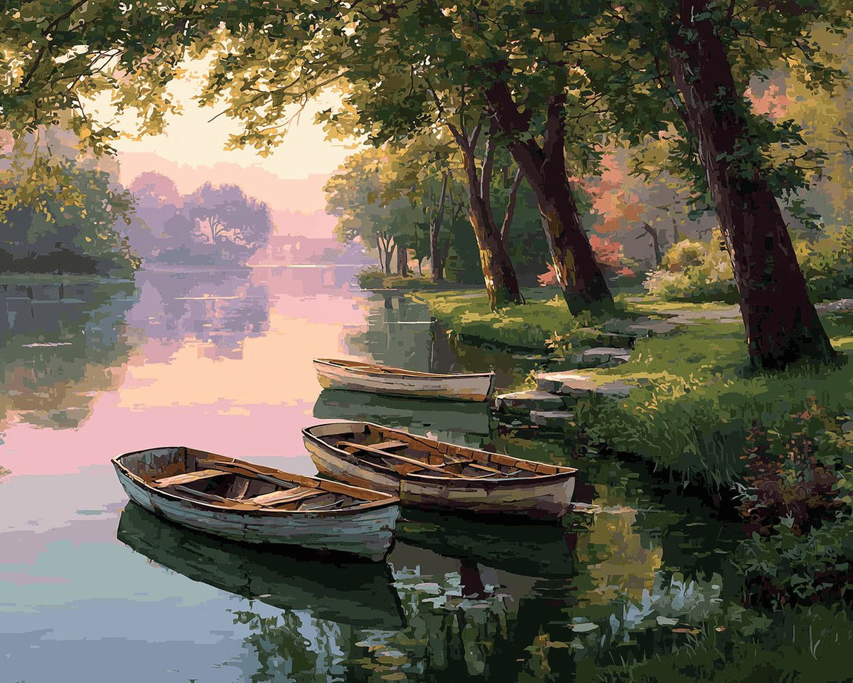 Calm lakeside boats cross stitch kit for beginners