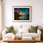 Finished campfire tent and moose under vibrant aurora cross stitch artwork displayed as home decor