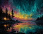 Campfire tent and moose under vibrant aurora cross stitch kit for beginners