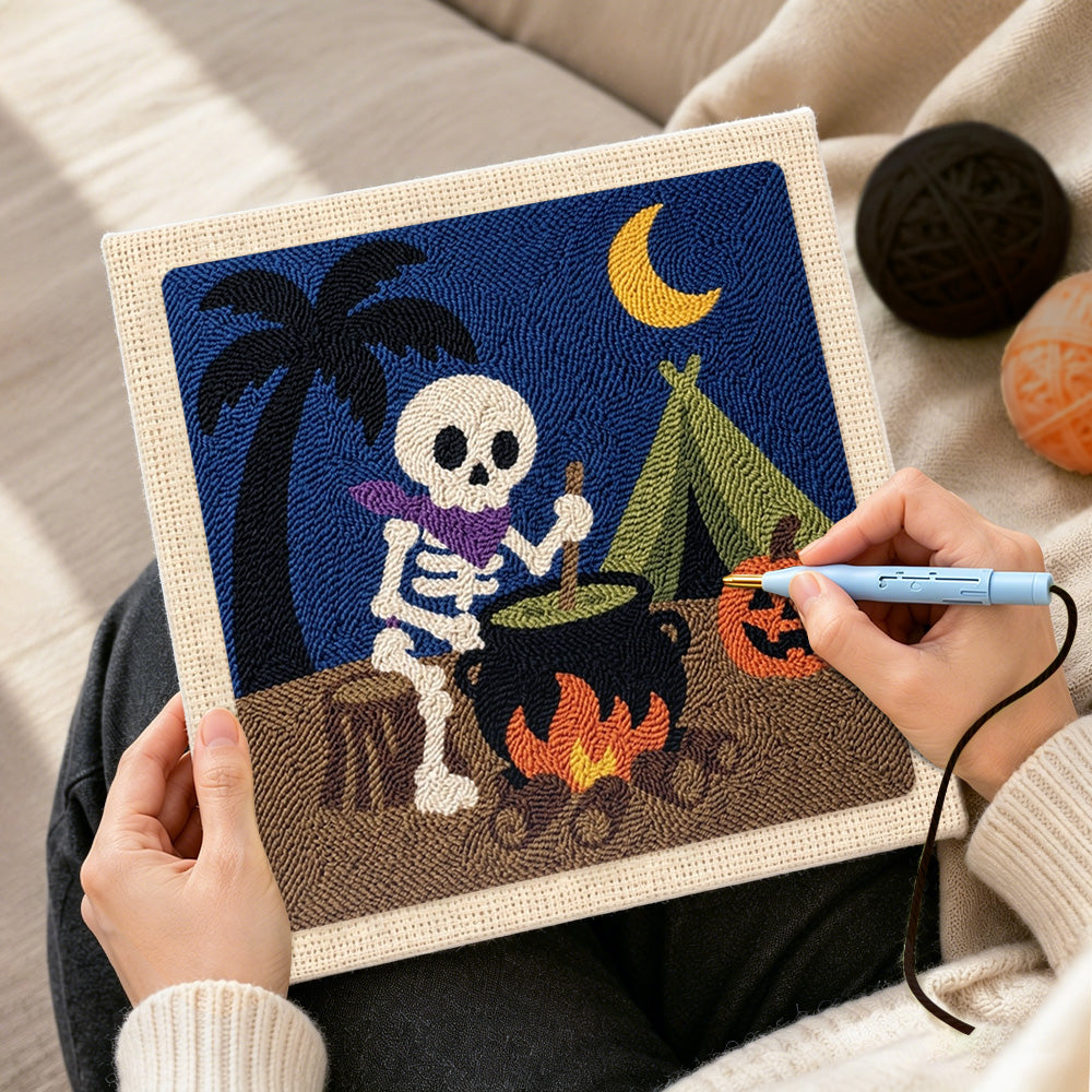 Creating handmade camping skeleton punch needle artwork