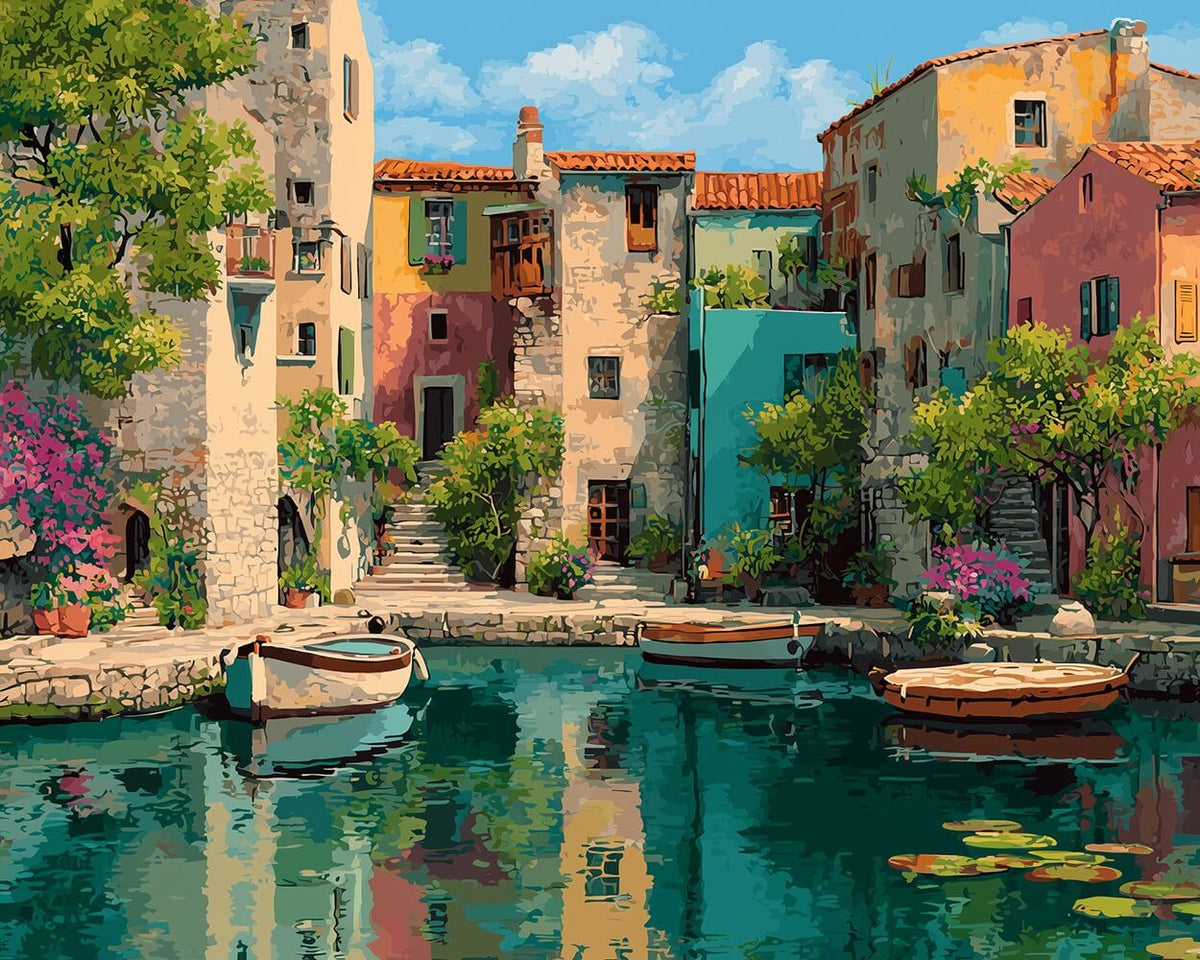 Canal waterfront homes cross stitch kit for beginners
