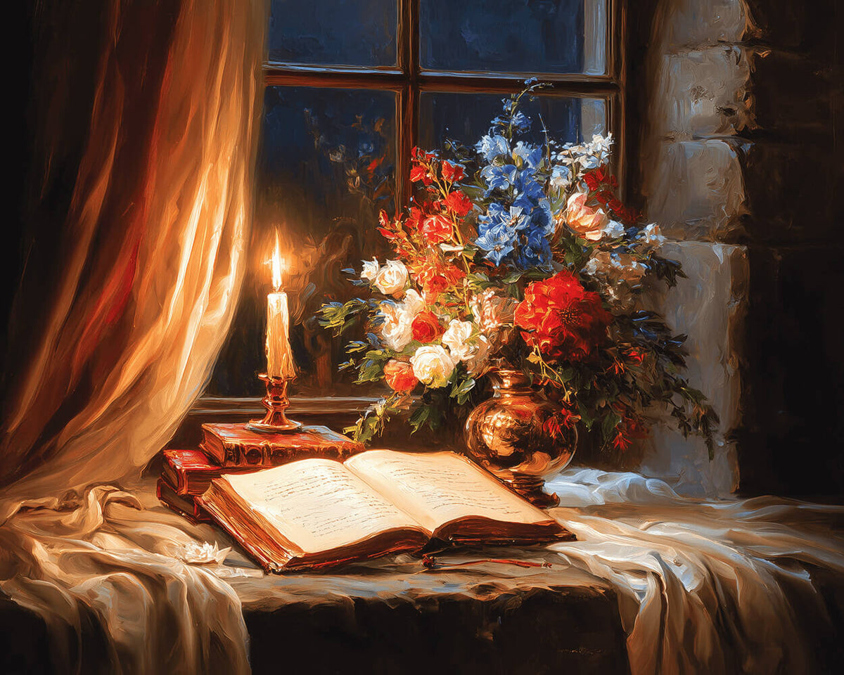 Candlelit floral book scene cross stitch kit for beginners