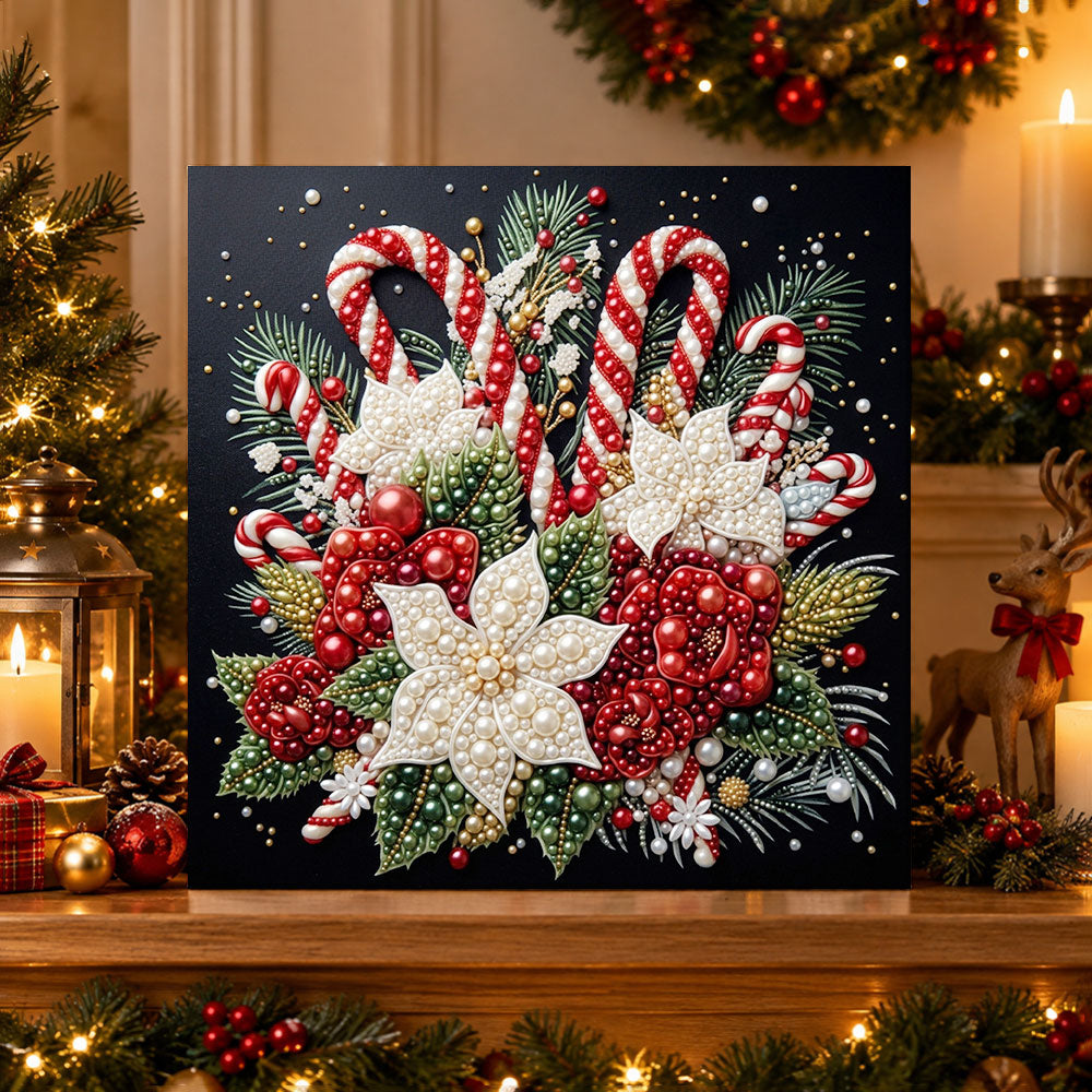 Finished candy cane christmas floral pearl diamond painting artwork displayed as holiday home decor