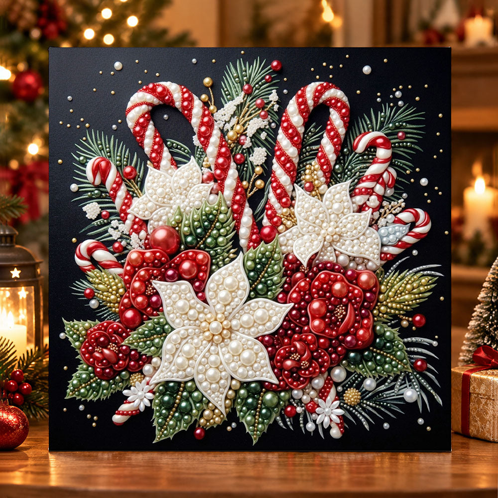 Candy cane christmas floral pearl diamond painting kit for beginners