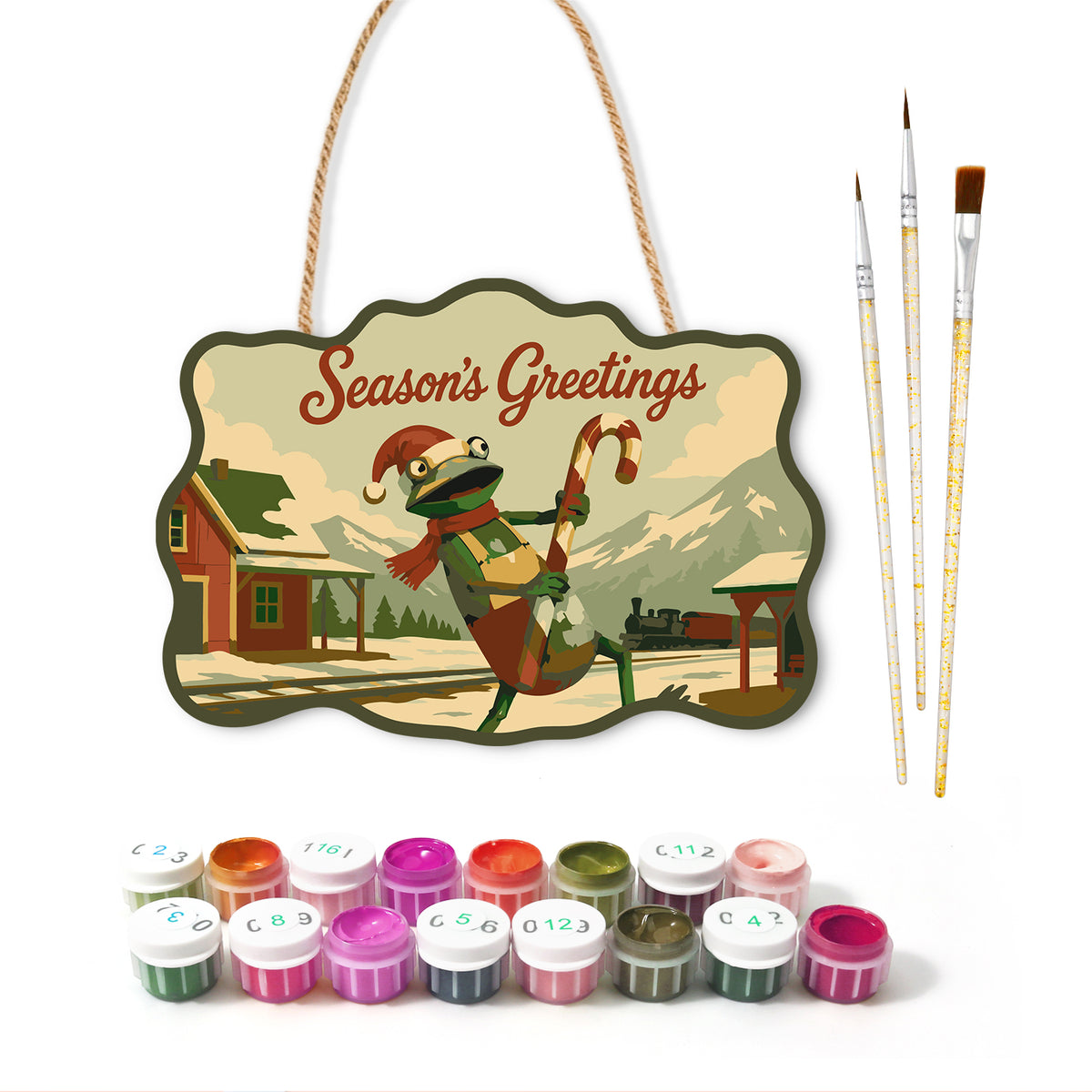 Candy cane country paint by numbers door hanger with paints and brushes