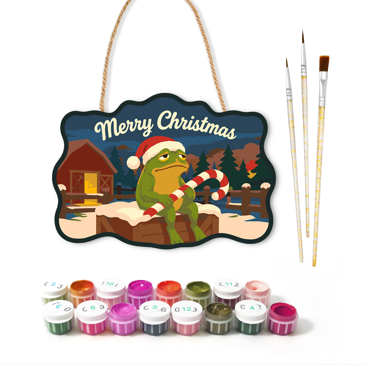 Candy cane frog scene paint by numbers door hanger with paints and brushes