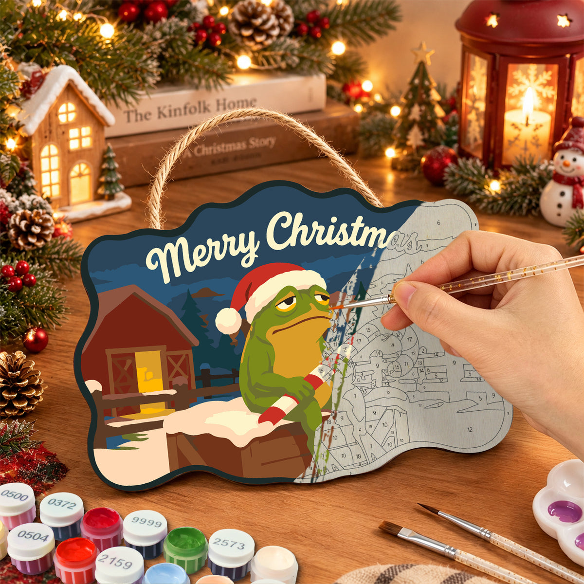 Candy cane frog scene paint by numbers door hanger painting process