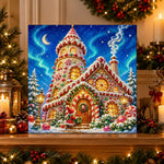 Finished candy gingerbread tower house pearl diamond painting artwork displayed as holiday home decor