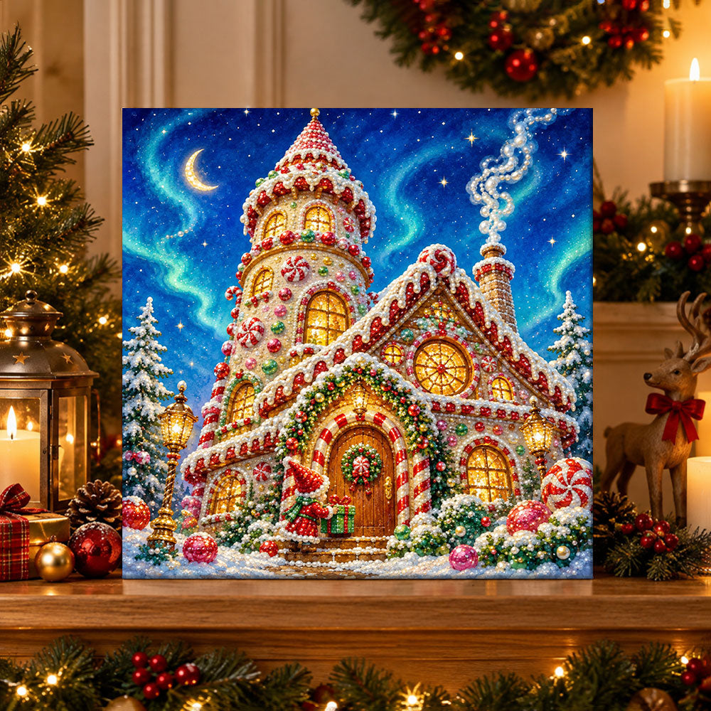 Finished candy gingerbread tower house pearl diamond painting artwork displayed as holiday home decor