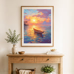 Finished canoe at tropical sunset cross stitch artwork displayed as home decor