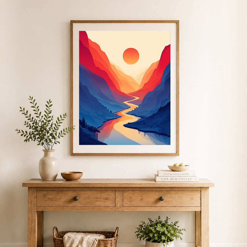 Finished canyon sunset river cross stitch artwork displayed as home decor