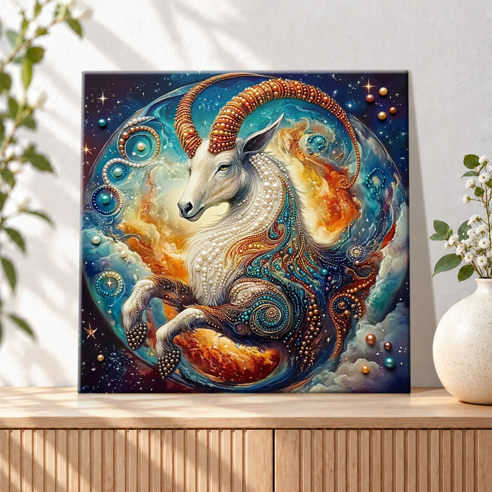 Finished capricorn cosmic goat pearl diamond painting artwork displayed as holiday home decor