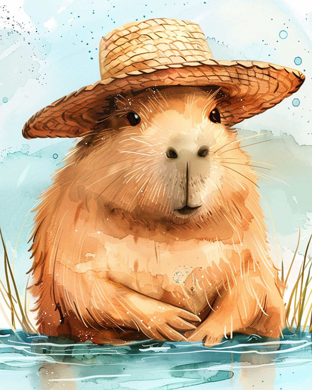 Capybara with straw hat cross stitch kit for beginners