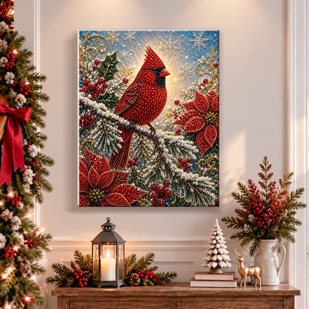 Finished cardinal bird on winter branches pearl diamond painting artwork displayed as holiday home decor