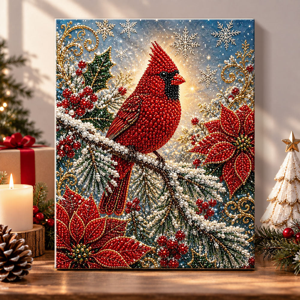 Cardinal bird on winter branches pearl diamond painting kit for beginners