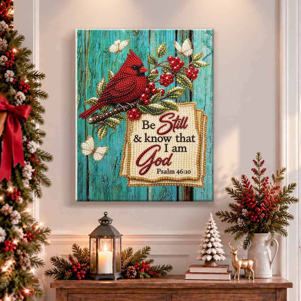 Finished cardinal with bible verse pearl diamond painting artwork displayed as holiday home decor