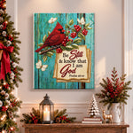 Finished cardinal with bible verse pearl diamond painting artwork displayed as holiday home decor