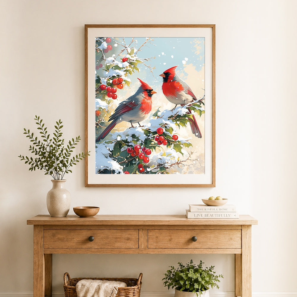 Finished cardinals on snowy berry branches cross stitch artwork displayed as home decor