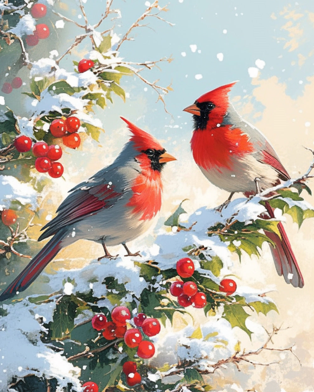 Cardinals on snowy berry branches cross stitch kit for beginners