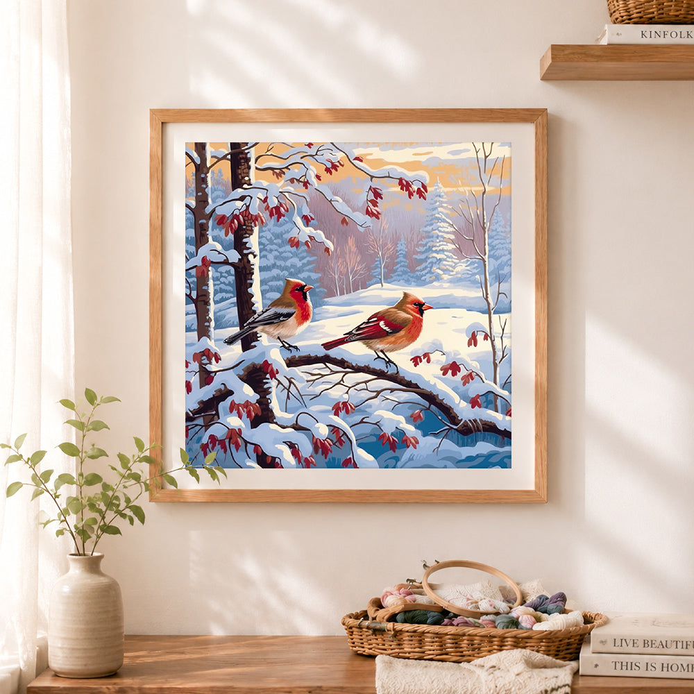 Finished cardinals on snowy winter branches cross stitch artwork displayed as home decor