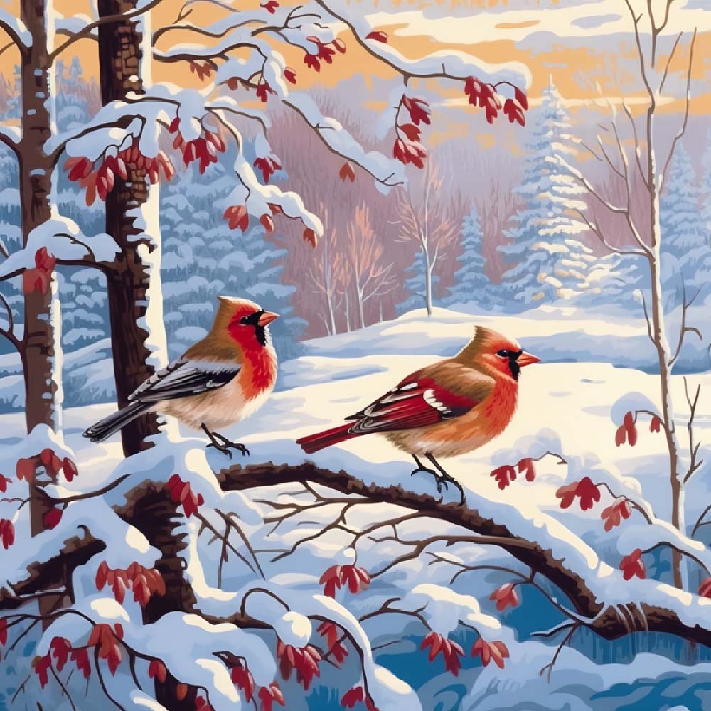 Cardinals on snowy winter branches cross stitch kit for beginners