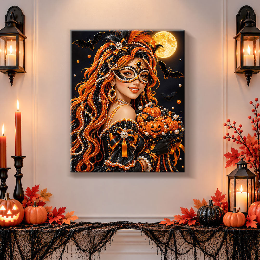 Finished carnival girl with pumpkins pearl diamond painting artwork displayed as holiday home decor