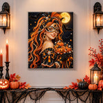 Finished carnival girl with pumpkins pearl diamond painting artwork displayed as holiday home decor