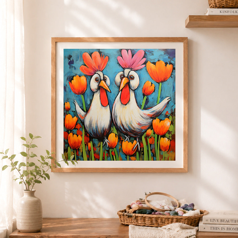 Finished cartoon chickens and tulips cross stitch artwork displayed as home decor