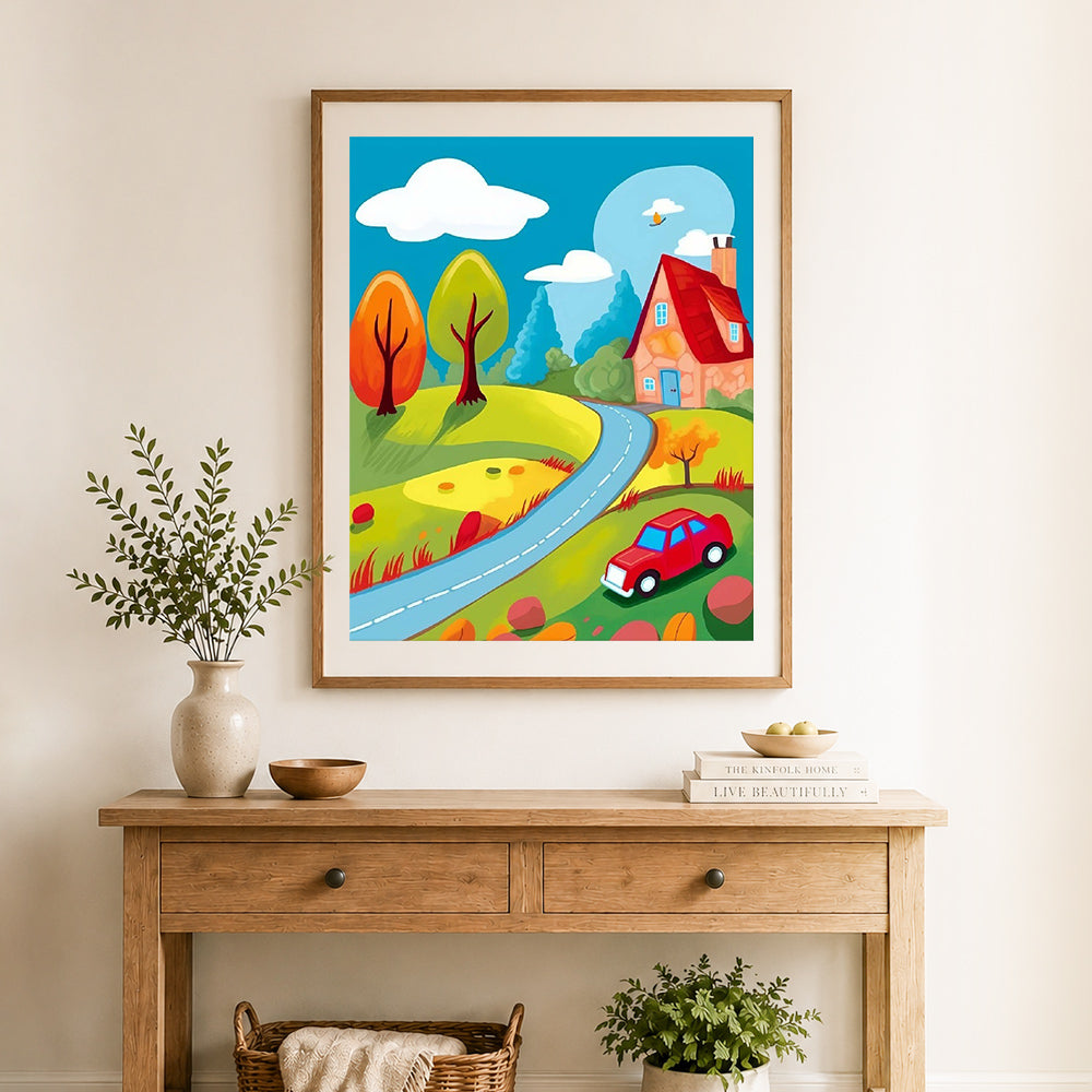 Finished cartoon countryside view cross stitch artwork displayed as home decor