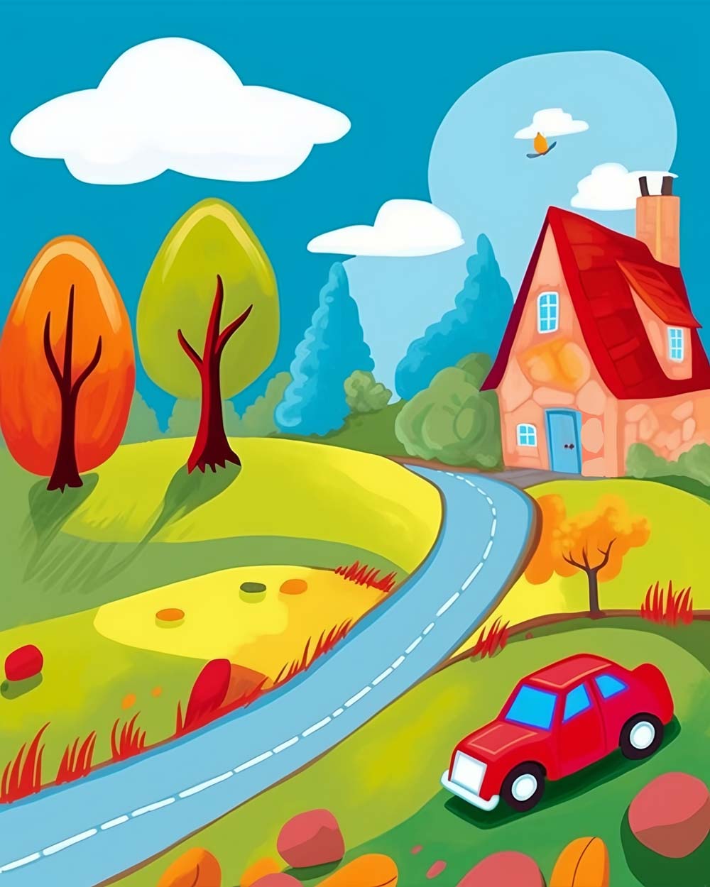 Cartoon countryside view cross stitch kit for beginners