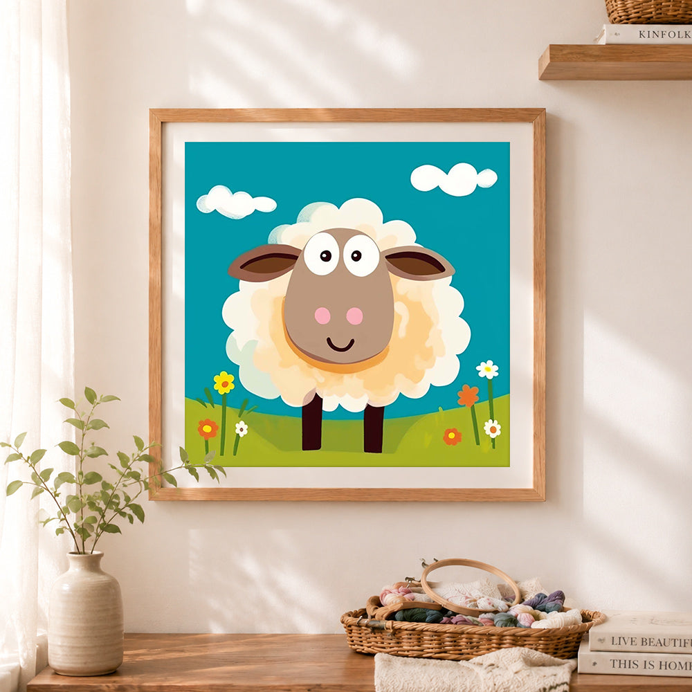 Finished cartoon farm sheep cross stitch artwork displayed as home decor