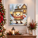 Finished cartoon lantern in snowy scene pearl diamond painting artwork displayed as holiday home decor