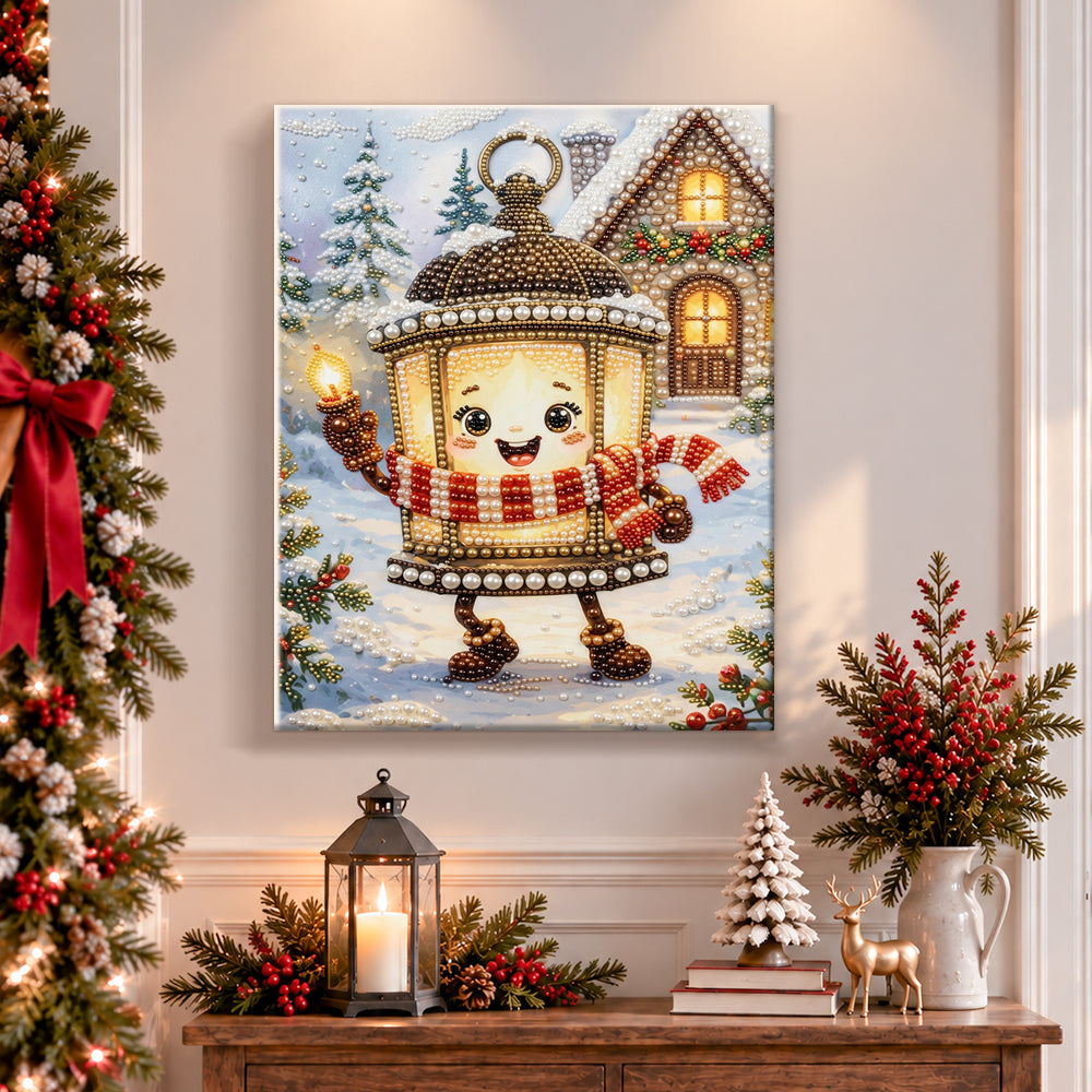 Finished cartoon lantern in snowy scene pearl diamond painting artwork displayed as holiday home decor