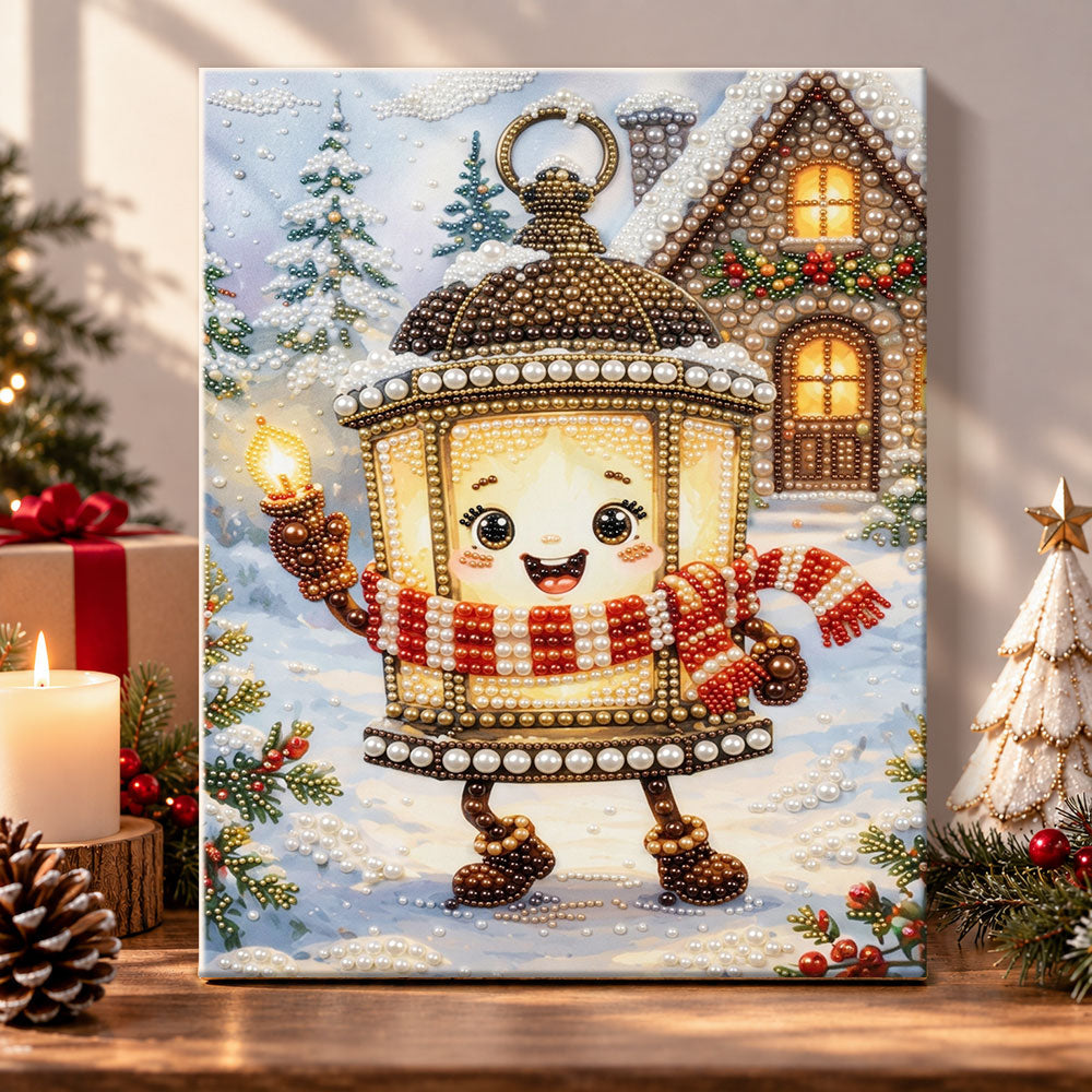 Cartoon lantern in snowy scene pearl diamond painting kit for beginners