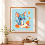 Finished cartoon mouse studying cross stitch artwork displayed as home decor