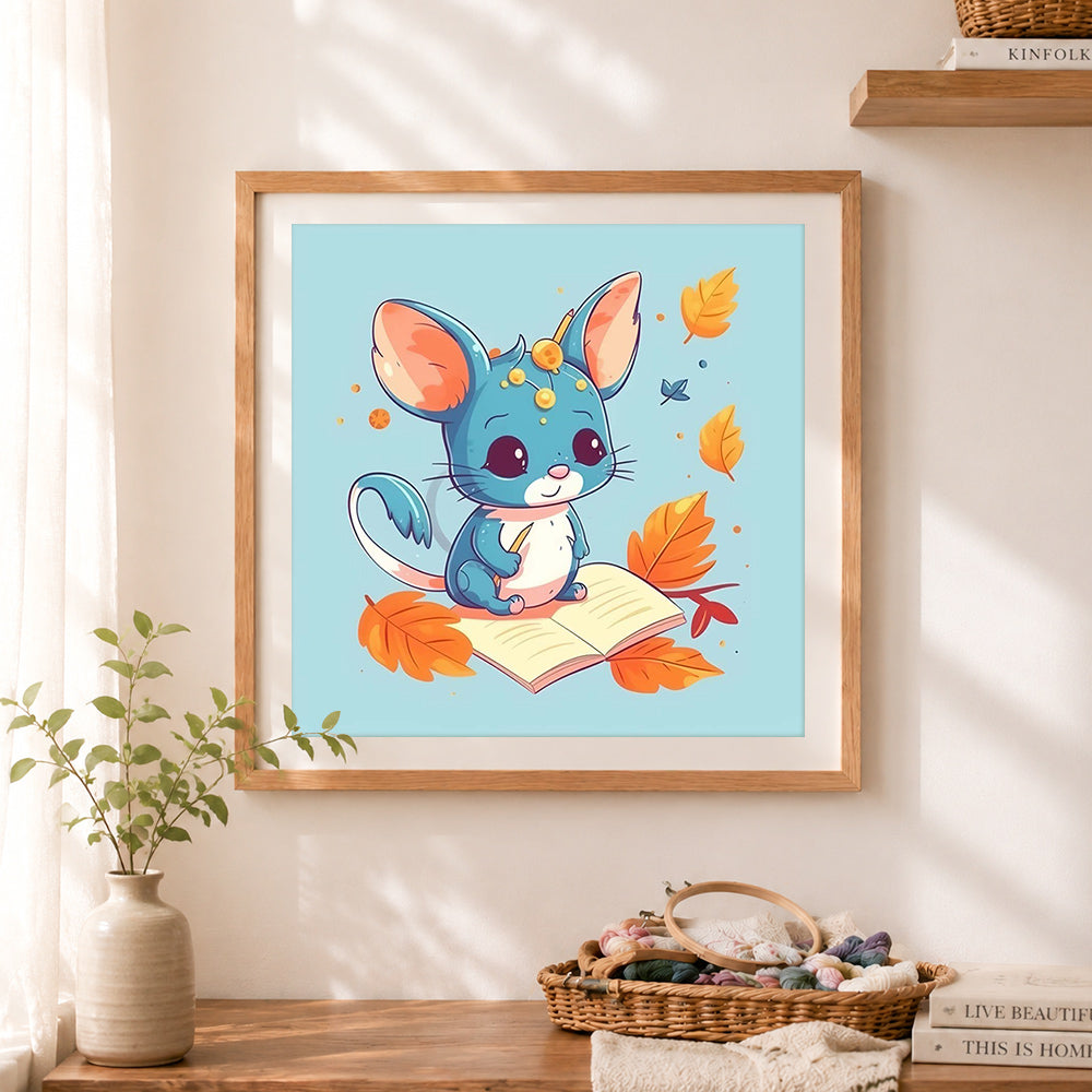 Finished cartoon mouse studying cross stitch artwork displayed as home decor