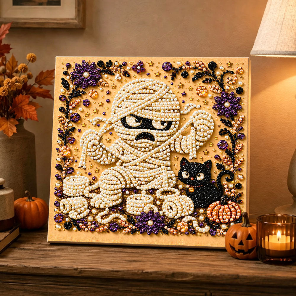 Finished cartoon mummy pearl diamond painting artwork displayed as holiday home decor