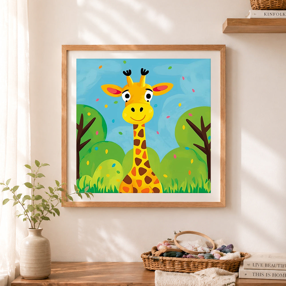 Finished cartoon smiling giraffe cross stitch artwork displayed as home decor