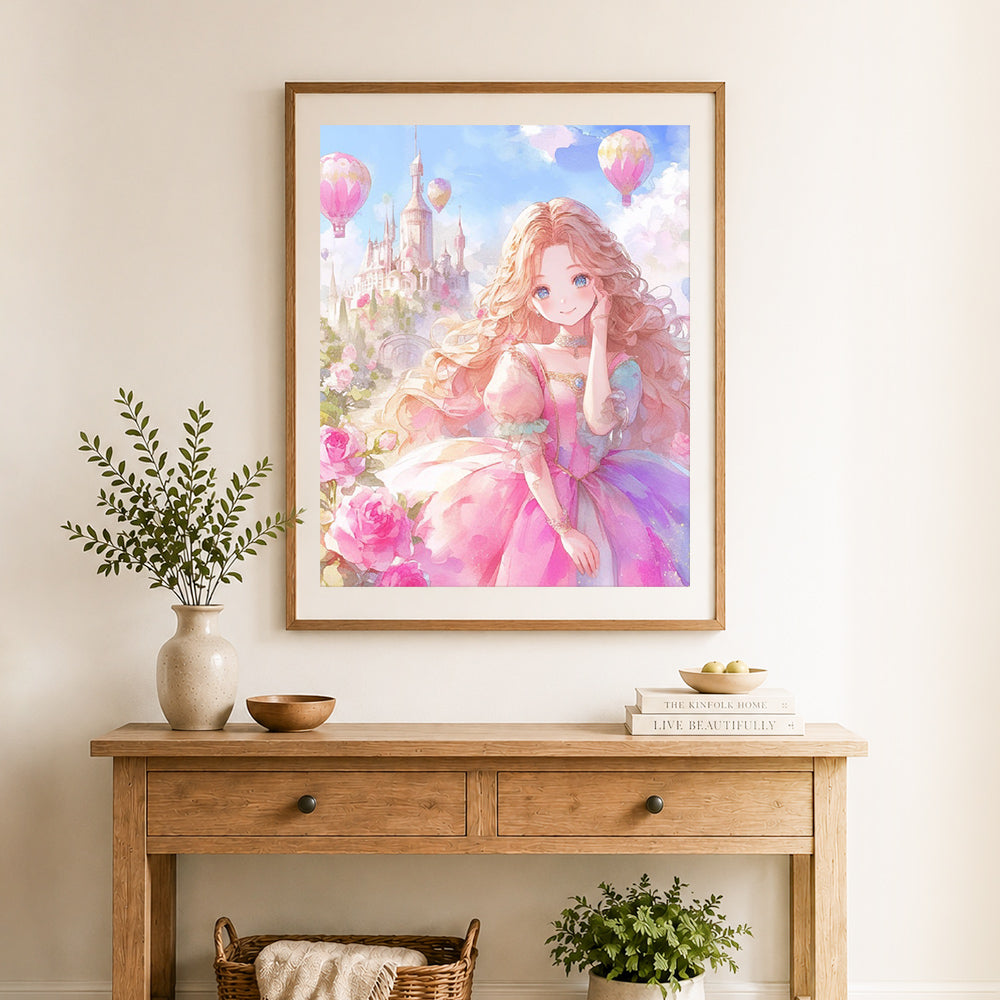 Finished castle princess cross stitch artwork displayed as home decor