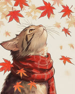 Cat admiring autumn maple cross stitch kit for beginners