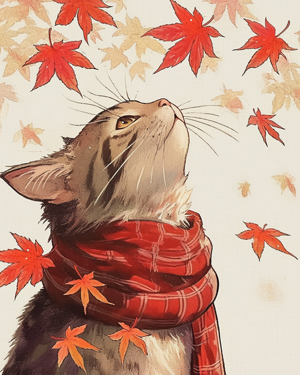 Cat admiring autumn maple cross stitch kit for beginners