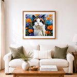 Finished cat among wildflowers cross stitch artwork displayed as home decor