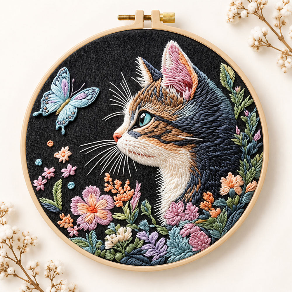 Cat and blue butterfly embroidery kit
