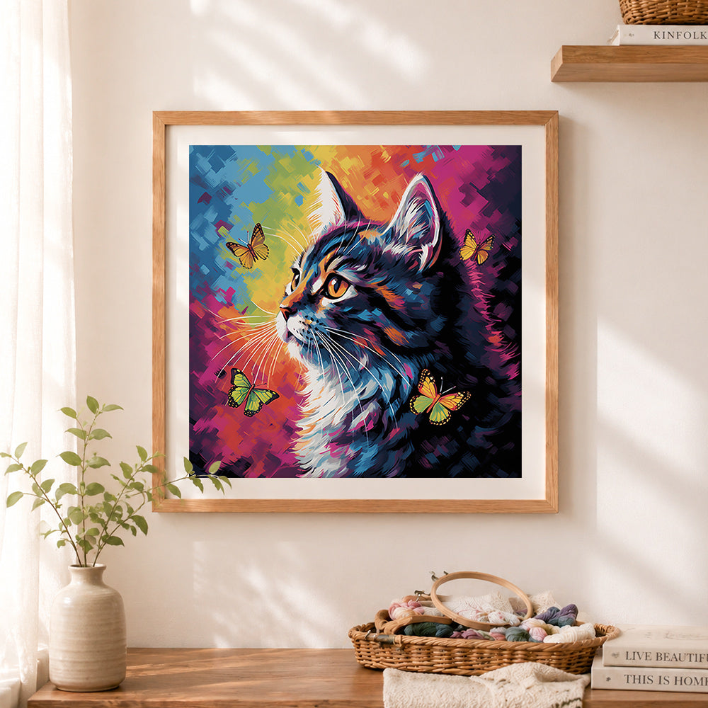 Finished cat and butterflies cross stitch artwork displayed as home decor
