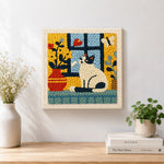 Finished cat and flower vase on windowsill artwork displayed on a wall