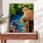 Finished cat and koi pond pearl diamond painting artwork displayed as home decor