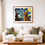 Finished cat beneath starry skies cross stitch artwork displayed as home decor