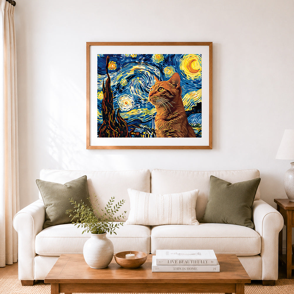 Finished cat beneath starry skies cross stitch artwork displayed as home decor