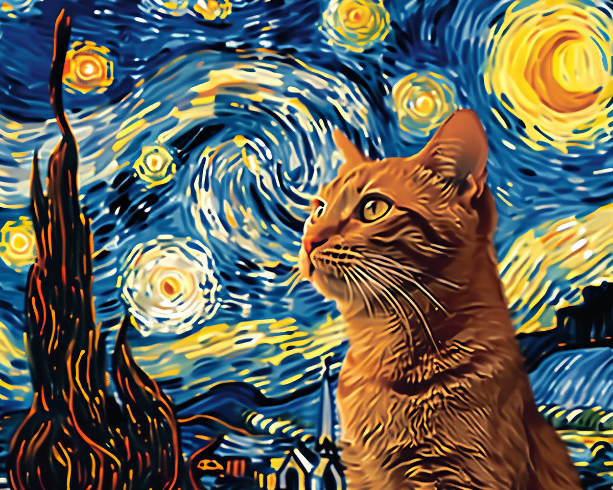 Cat beneath starry skies cross stitch kit for beginners